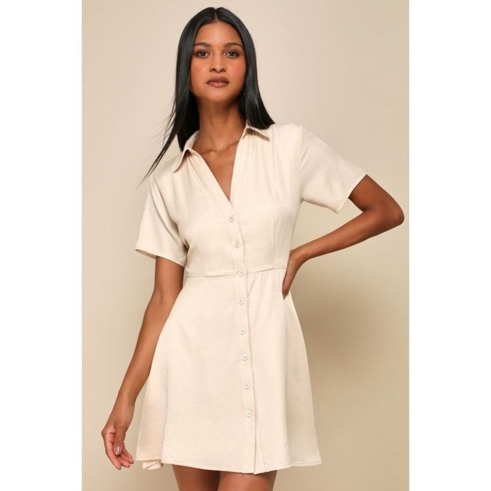 Lulus Pleasant Darling Beige Short Sleeve Button-up Mini Dress - Size S